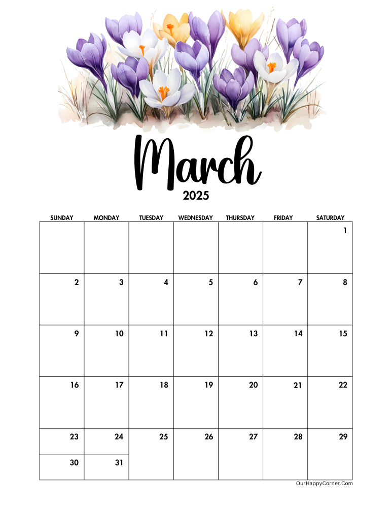 Floral March 2025 calendar printable