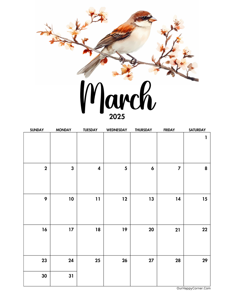 Spring bird decorated calendar printable