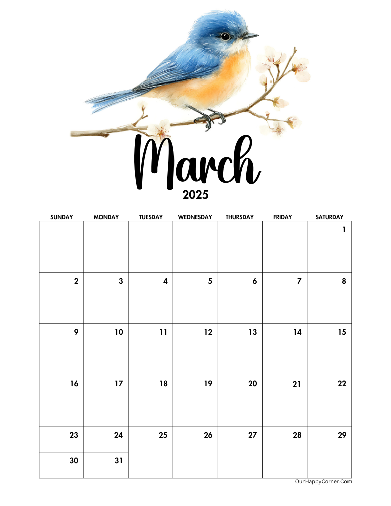 Spring bird decorated calendar printable