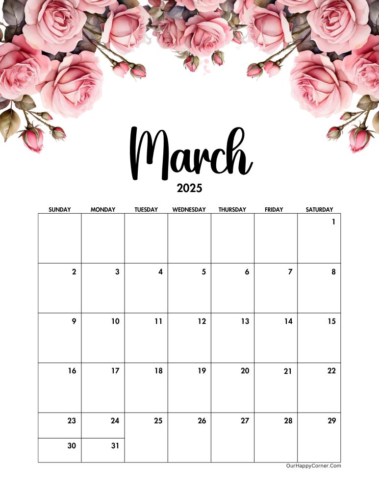 Floral pink roses March 2025 calendar printable