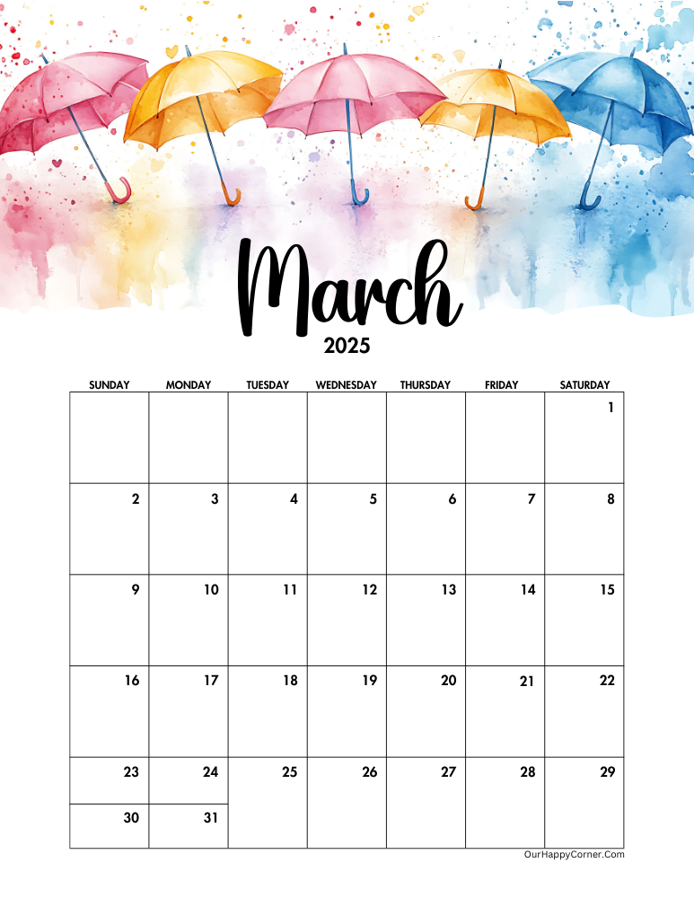 Umbrellas decorated calendar printable