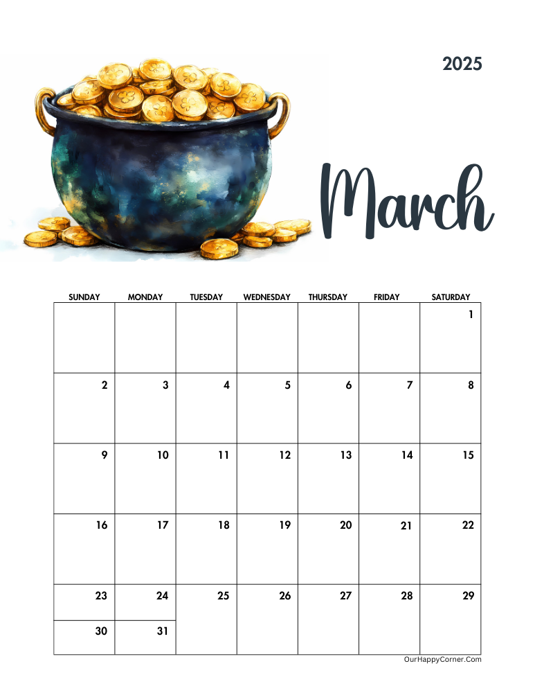 St Patricks day inspired March 2025 calendar printable