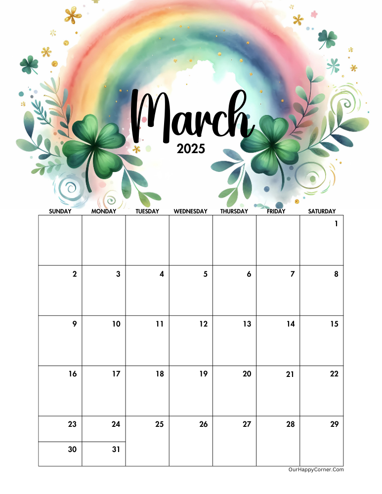 St Patricks day inspired March 2025 calendar printable