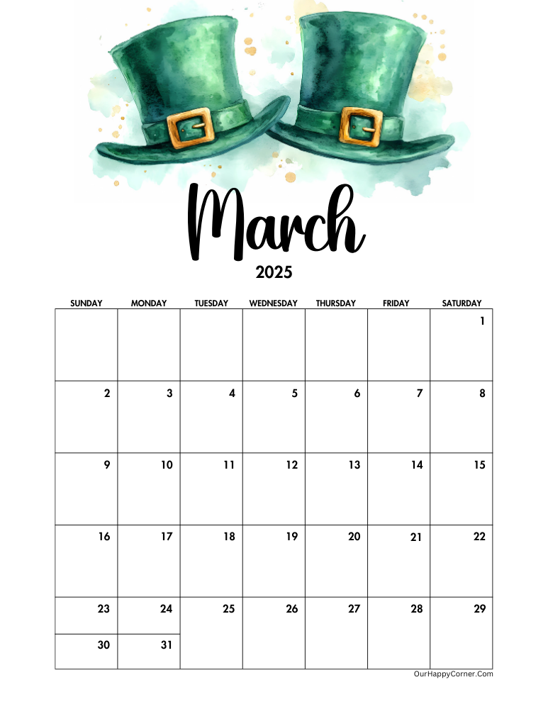 St Patricks day inspired March 2025 calendar printable