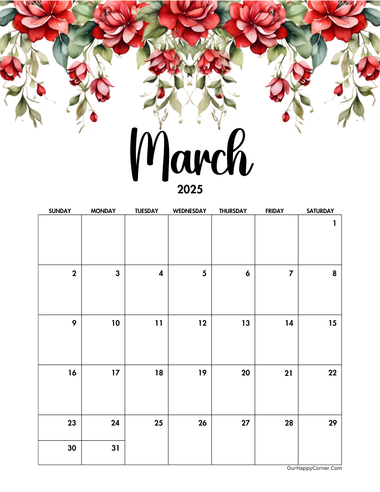 Red floral calendar Sunday start date