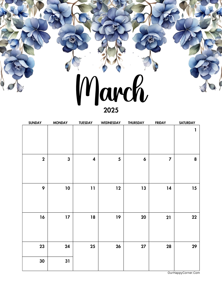 Blue floral March calendar