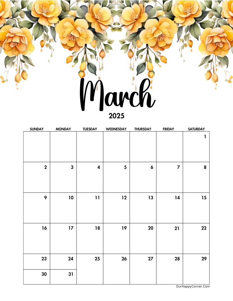 Yellow floral March calendar