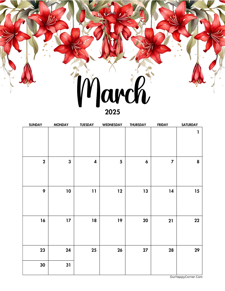 Red floral March calendar