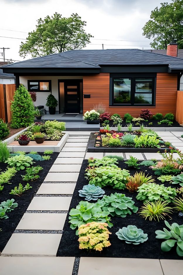 Modern front yard with square paver walkway and organized succulent garden beds.