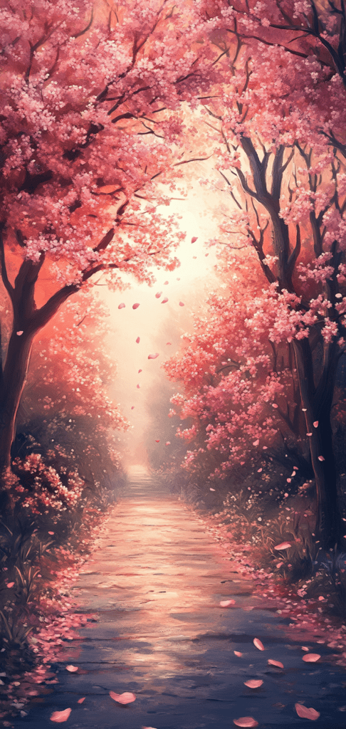 spring wallpapers of cherry blossom pathway in soft pink hues
