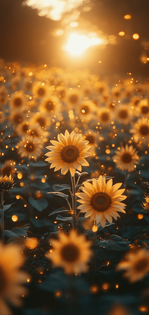 Sunflowers glowing in golden spring sunlight