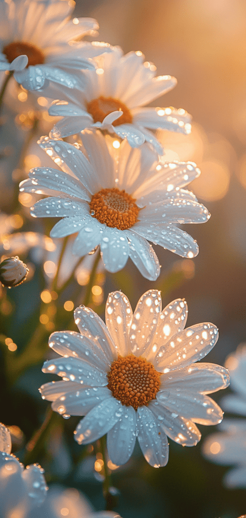 Spring wallpapers of Daisies with morning dew in golden sunlight