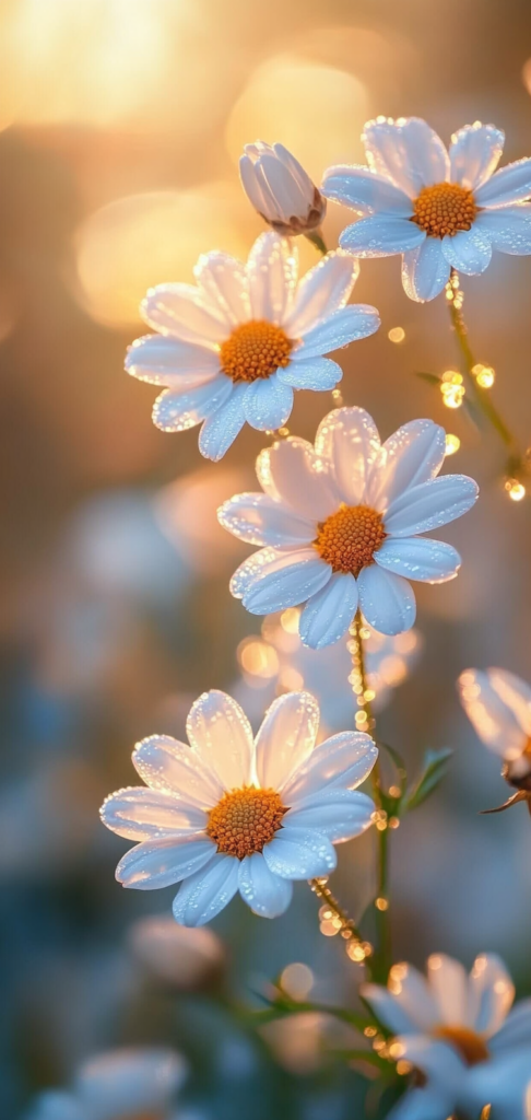 Spring wallpapers of daisies with morning dew in golden sunlight