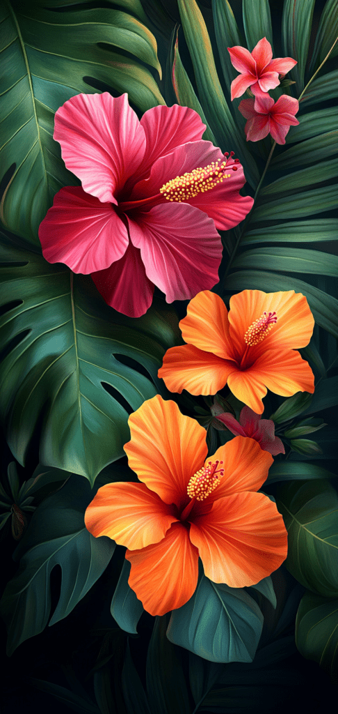 Bold hibiscus flowers with tropical leaves