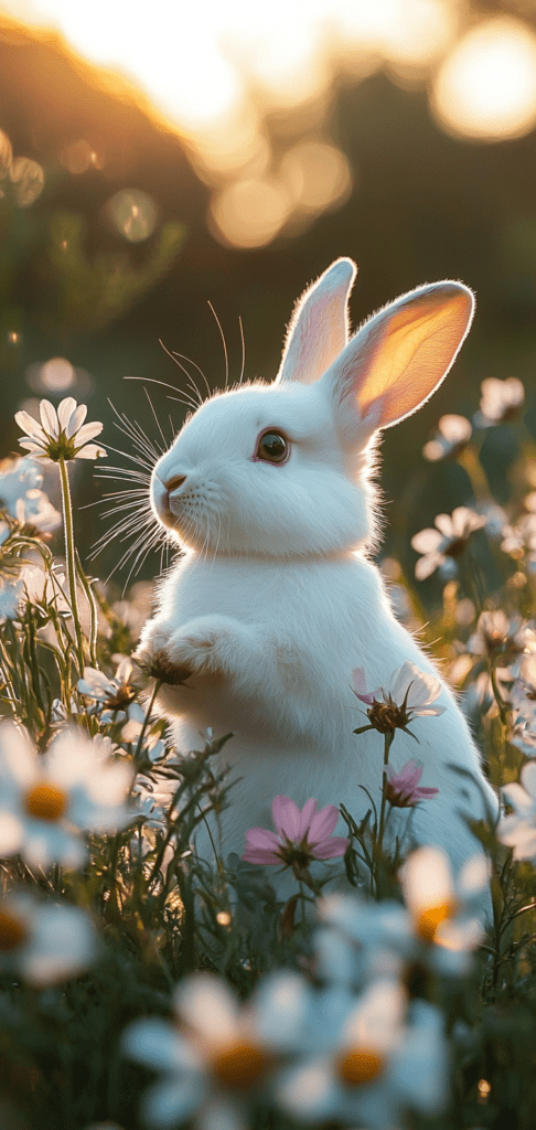 Spring wallpapers of white bunny in a spring meadow at sunset