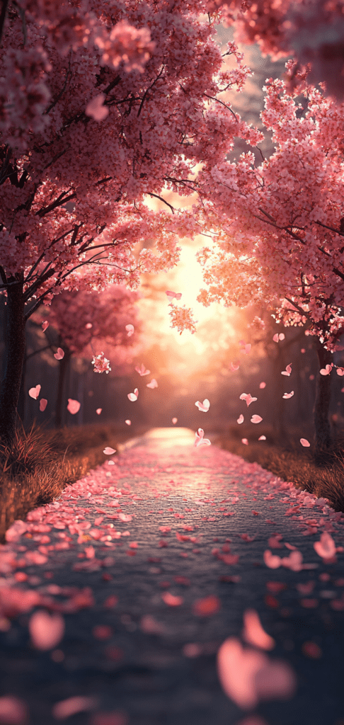 Cherry blossom pathway in soft pink hues