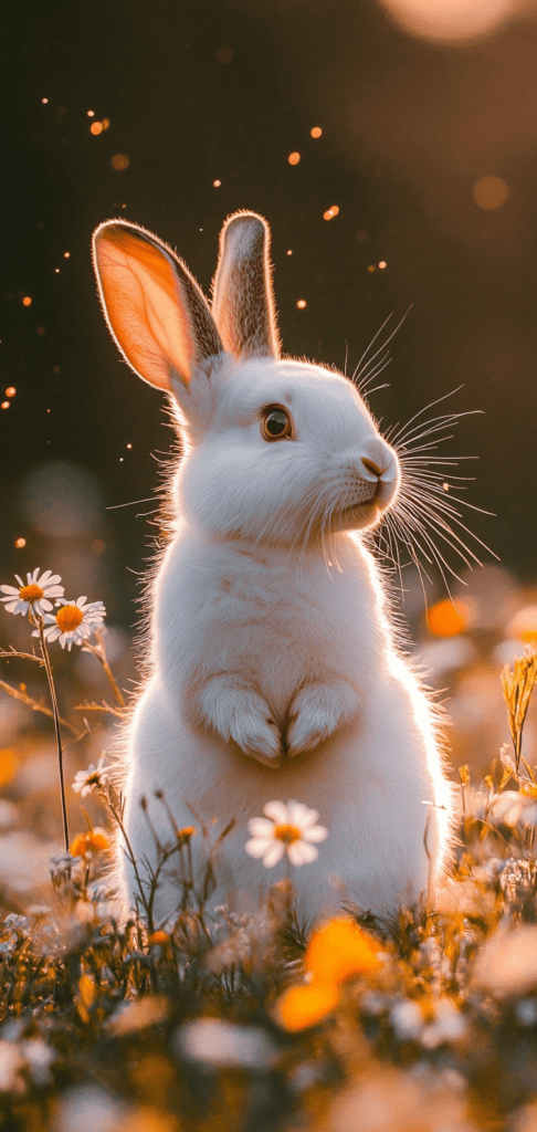 Spring wallpapers of white bunny in a spring meadow at sunset