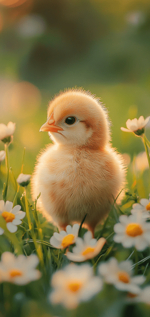 aby chick in a meadow with daisies