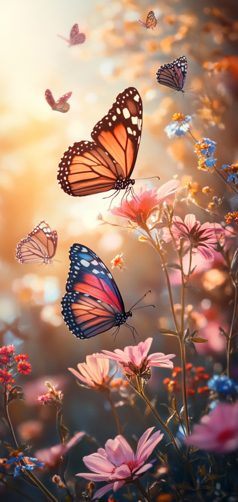 Spring wallpapers of Monarch butterflies among colorful spring flowers