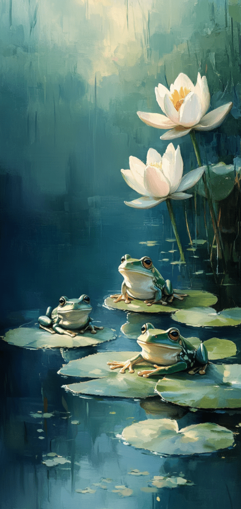 Lily pond with white flowers and green frogs