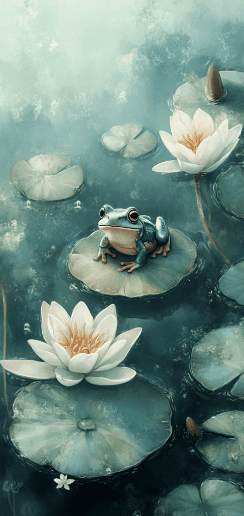 Lily pond with white flowers and green frogs