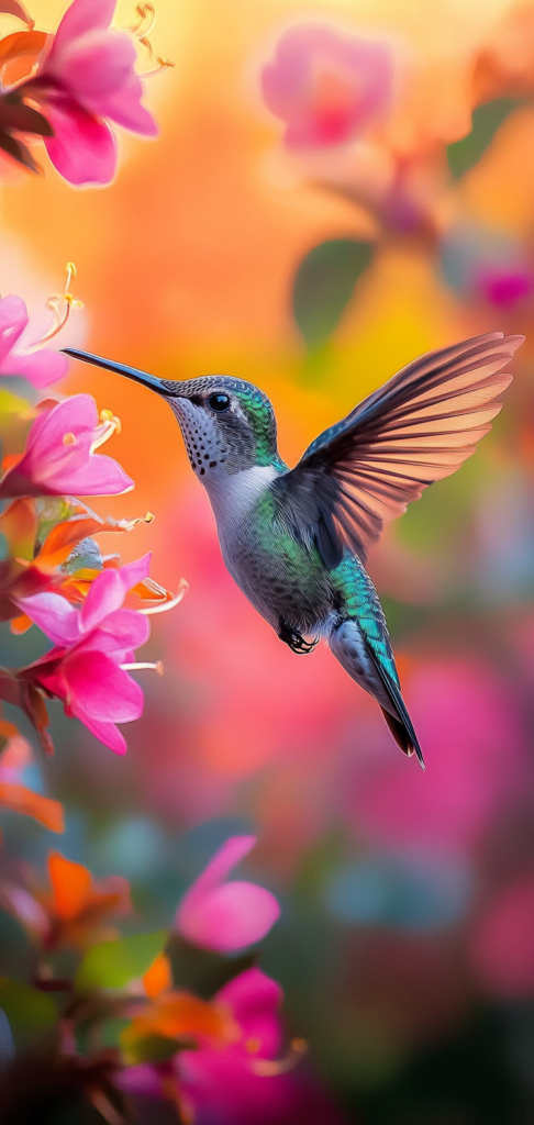 Hummingbird near pink flowers in spring