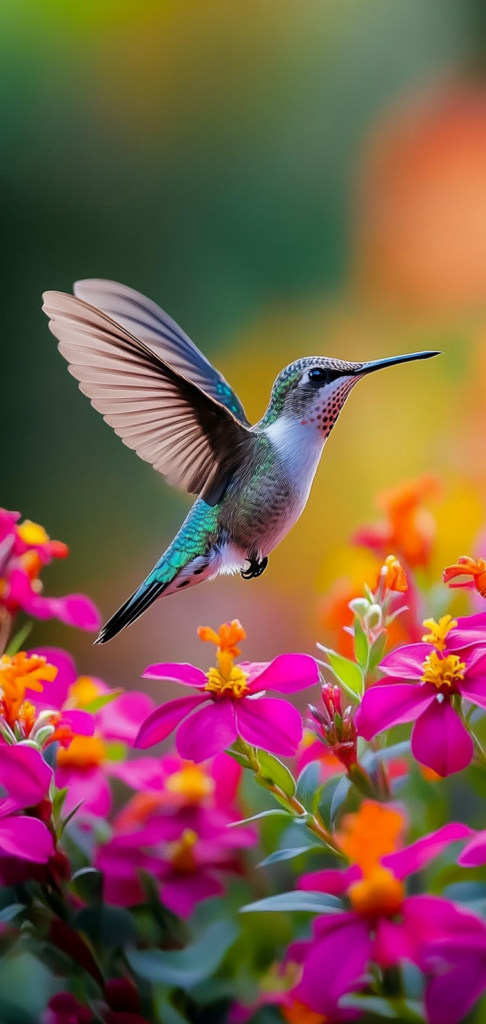 Hummingbird near pink flowers in spring