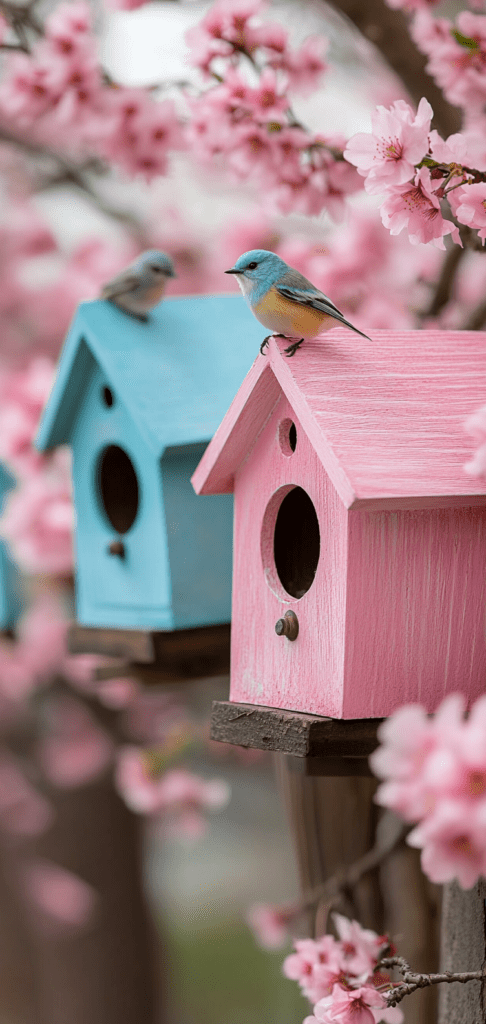 Bluebirds on pastel birdhouses with cherry blossoms