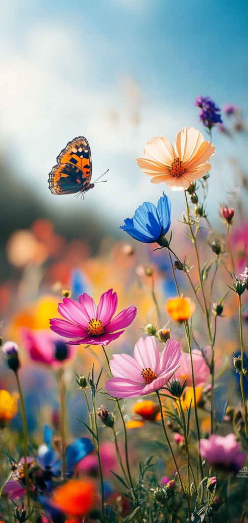 Wildflowers and monarch butterflies in a spring meadow