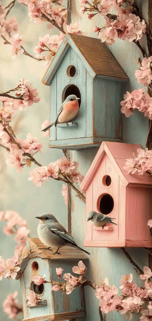 Bluebirds on pastel birdhouses with cherry blossoms