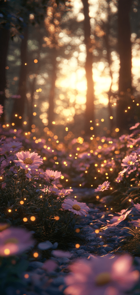 Fireflies glowing over a spring flower path