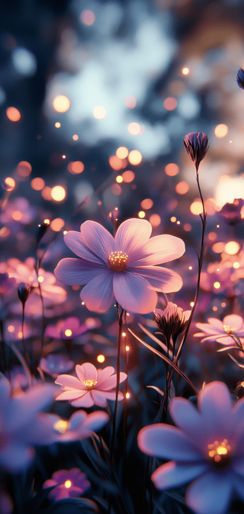 Fireflies glowing over a spring flower path