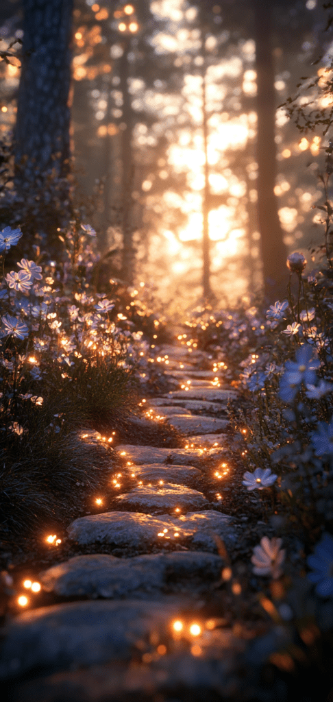 Fireflies glowing over a spring flower path