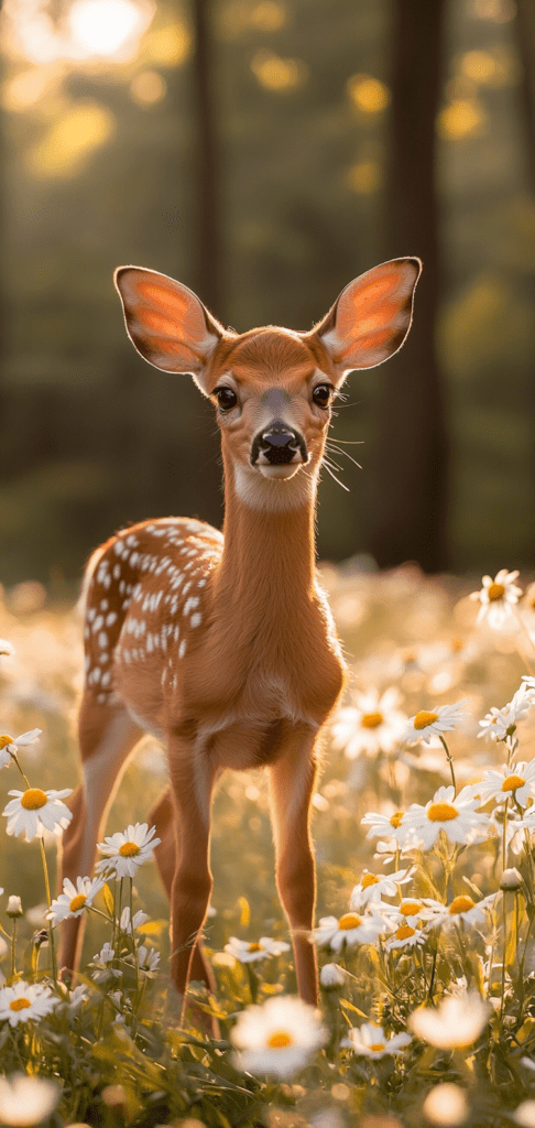 Fawn standing in a field of spring daisies