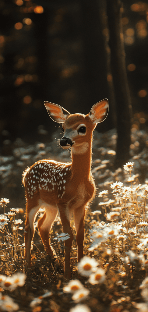 Fawn standing in a field of spring daisies