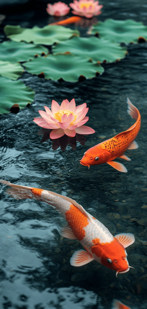 Koi fish swimming near pink lotus flowers