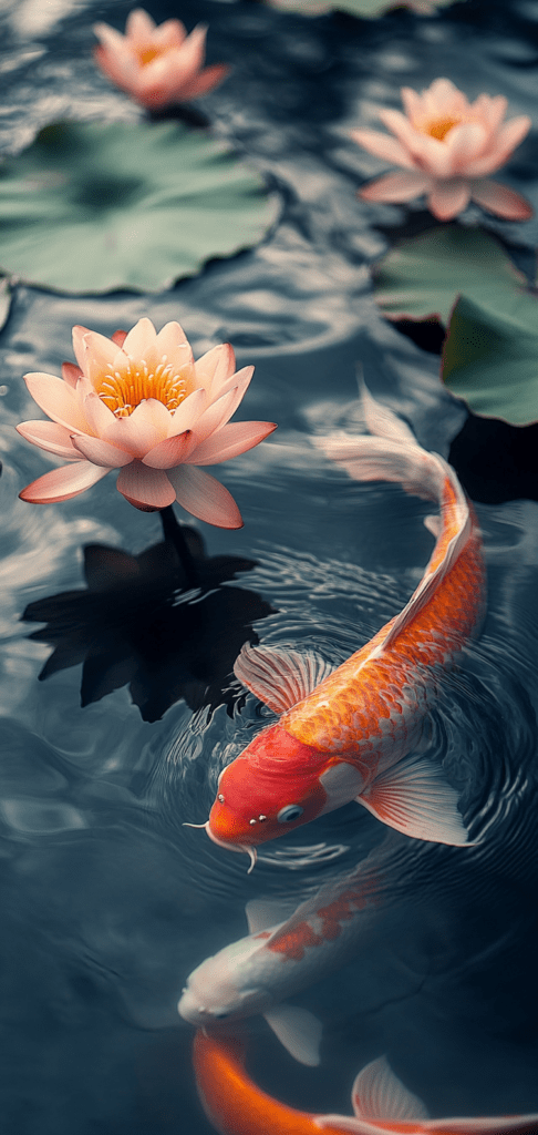 Koi fish swimming near pink lotus flowers