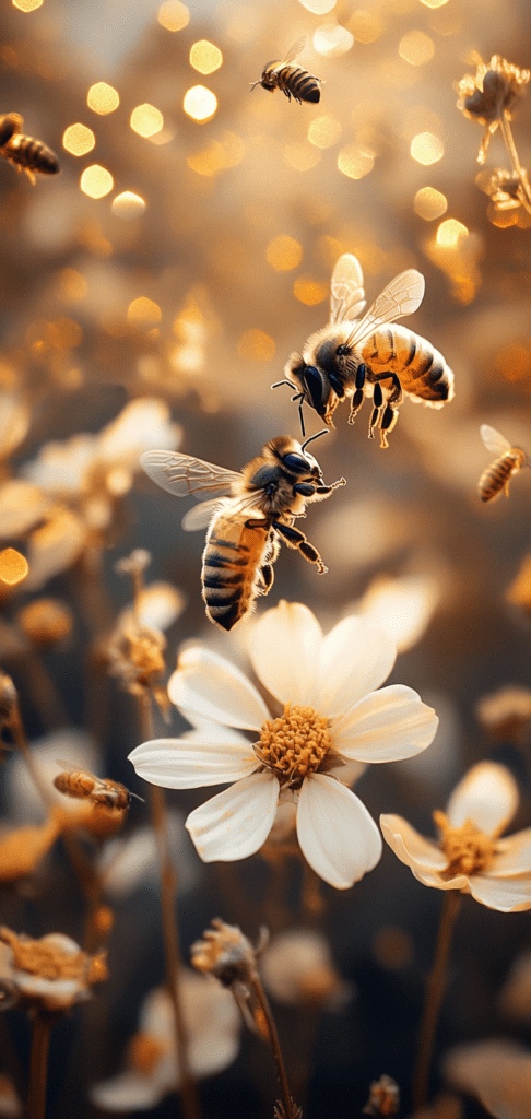 Honeybees on white blossoms with golden light