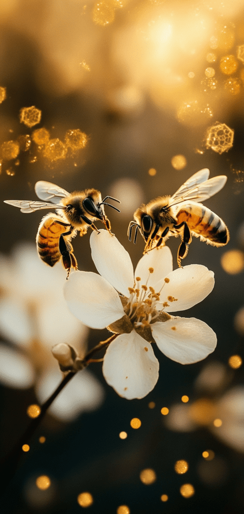 Honeybees on white blossoms with golden light