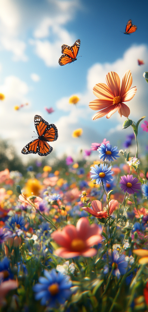 Spring wallpapers of wildflowers and monarch butterflies in a spring meadow