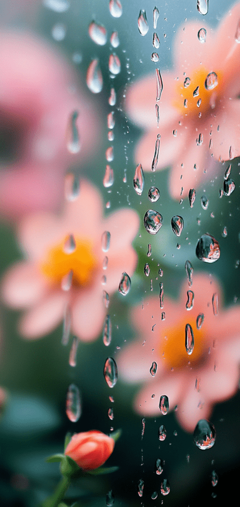 Raindrops on glass with blurred pink flowers in background