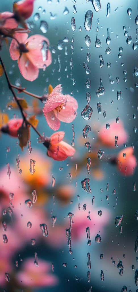 Raindrops on glass with blurred pink flowers in background