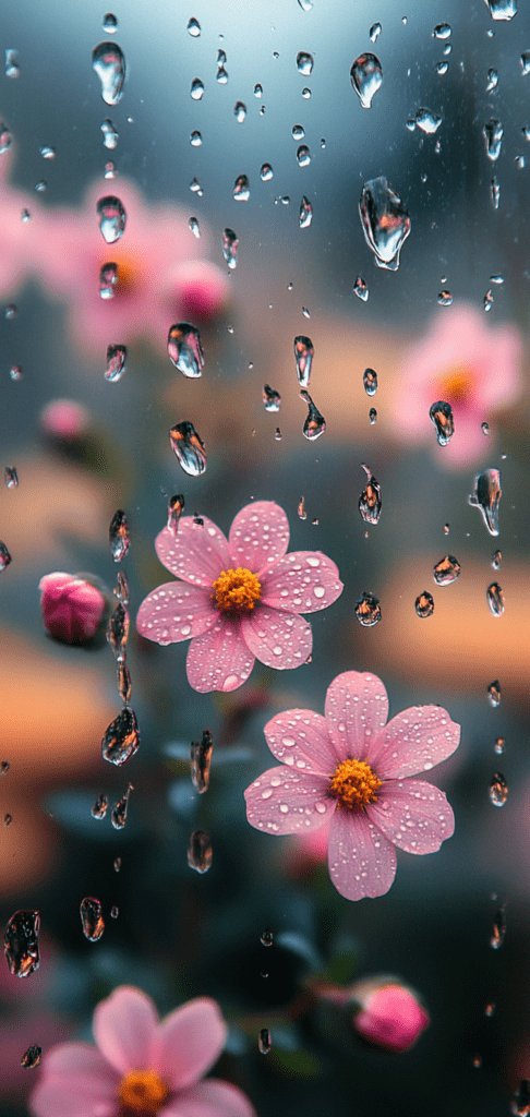 Raindrops on glass with blurred pink flowers in background