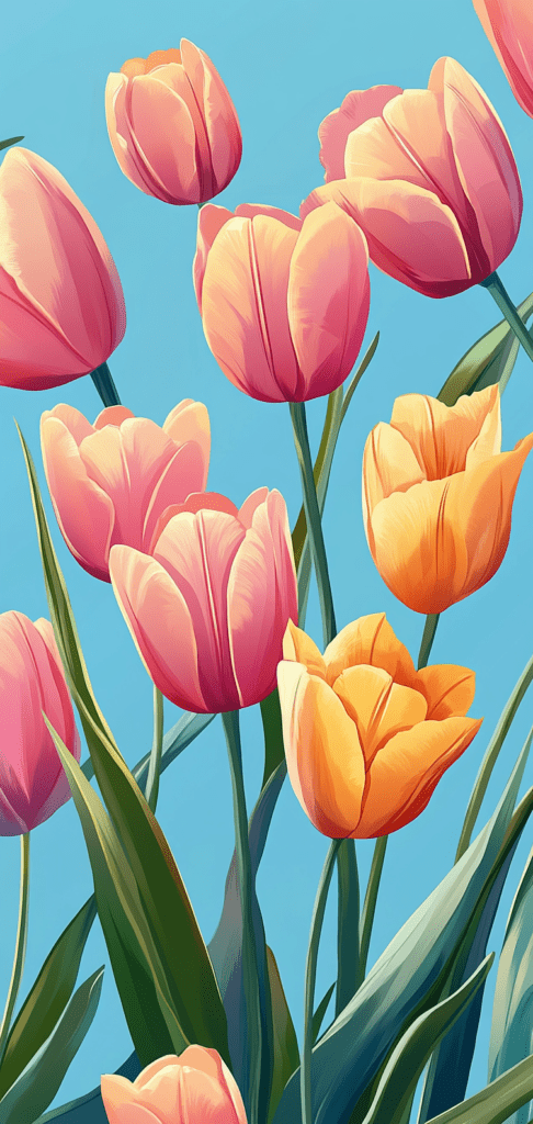 Pink and yellow tulips with a bright blue sky