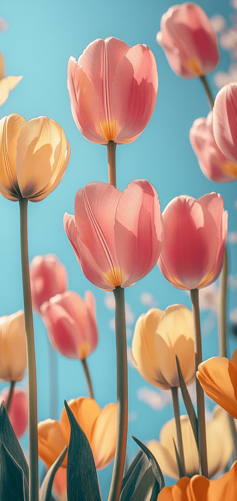 Pink and yellow tulips with a bright blue sky