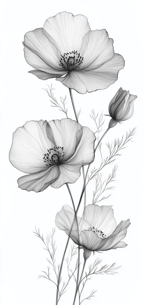 Black and white floral sketch of blooming flowers