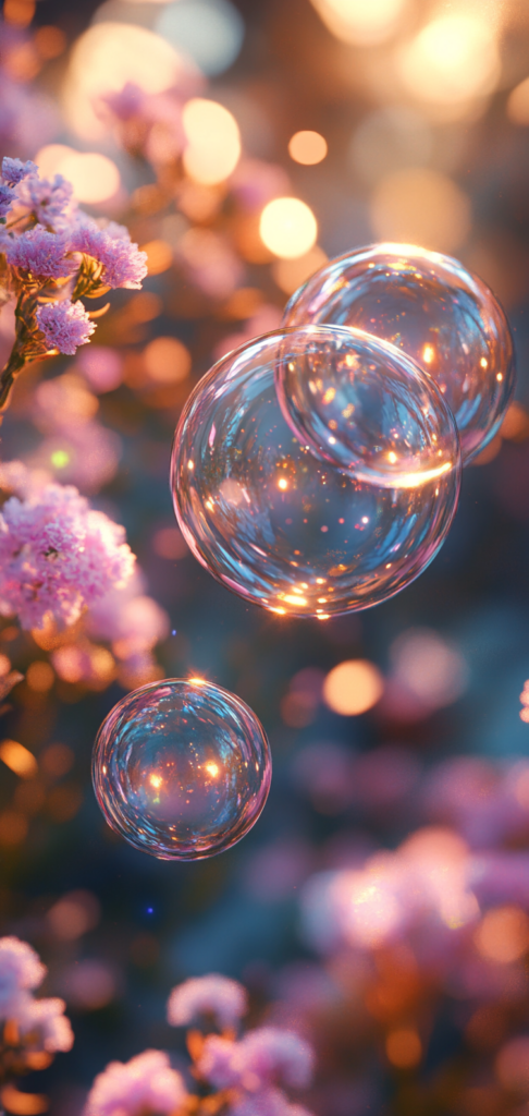 Glowing bubbles floating among pink flowers