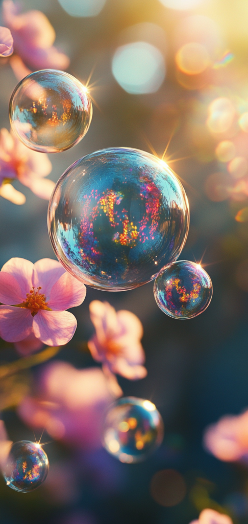 Glowing bubbles floating among pink flowers