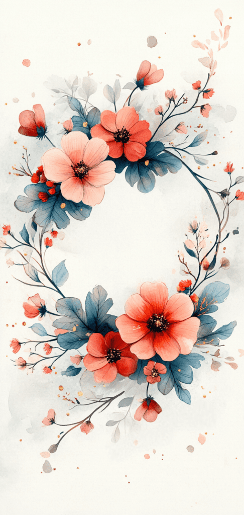 Watercolor floral wreath with coral flowers