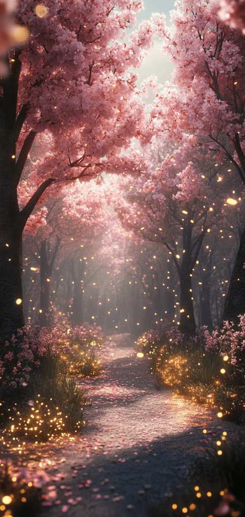 Glowing cherry blossoms over a serene pathway